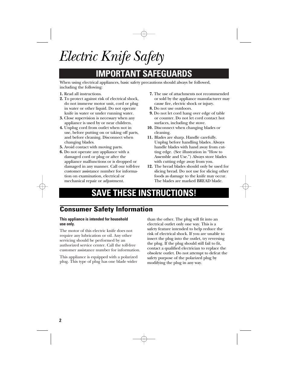 Electric knife safety, Important safeguards save these instructions, Consumer safety information | GE 106612 User Manual | Page 2 / 12