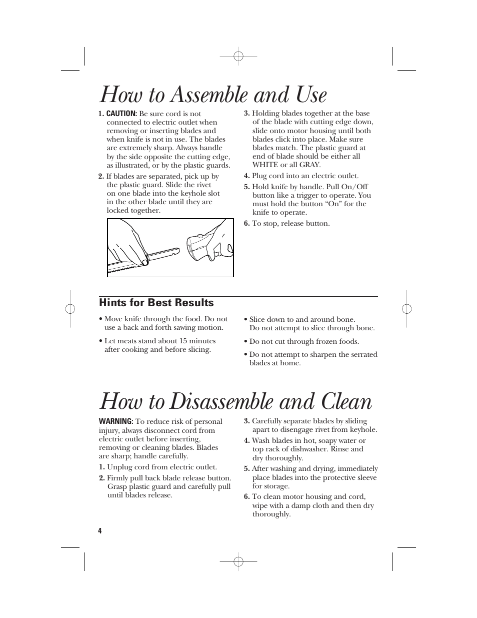How to assemble and use, How to disassemble and clean, Hints for best results | GE 106612 User Manual | Page 4 / 12