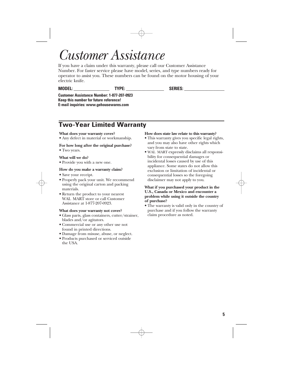 Customer assistance, Two-year limited warranty | GE 106612 User Manual | Page 5 / 12