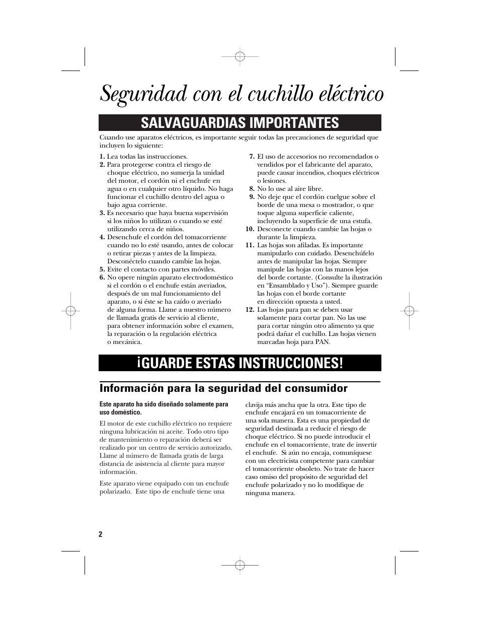 Seguridad con el cuchillo eléctrico, Información para la seguridad del consumidor | GE 106612 User Manual | Page 8 / 12