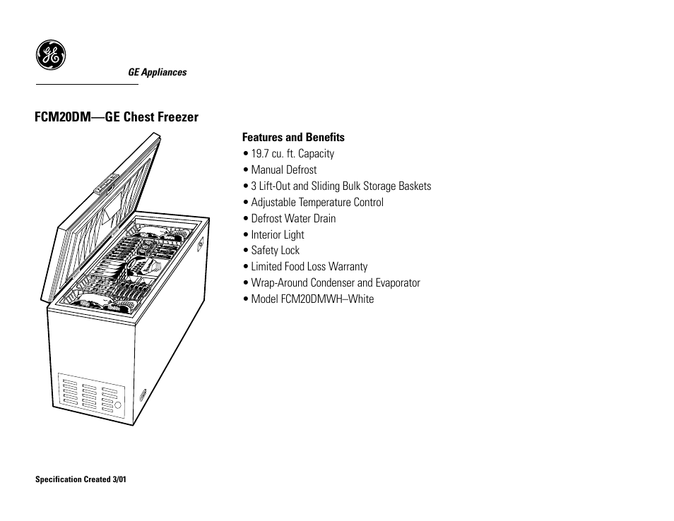 Fcm20dm—ge chest freezer | GE FCM20DMWH User Manual | Page 2 / 2
