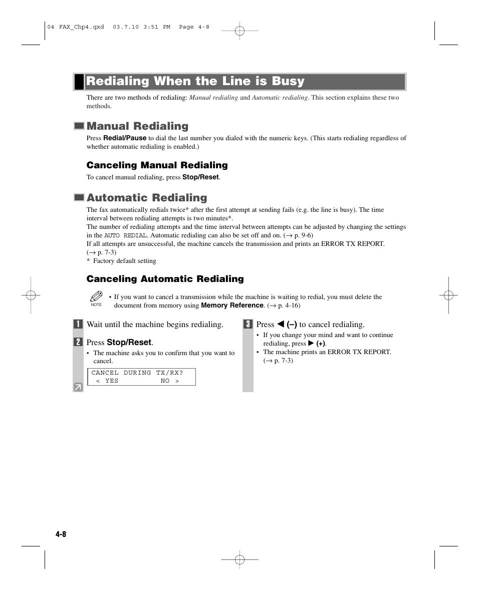 Redialing when the line is busy, Manual redialing, Automatic redialing | Canceling manual redialing, Canceling automatic redialing | GE D780 User Manual | Page 45 / 94