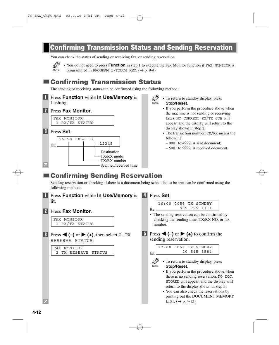 Confirming transmission status, Confirming sending reservation | GE D780 User Manual | Page 49 / 94
