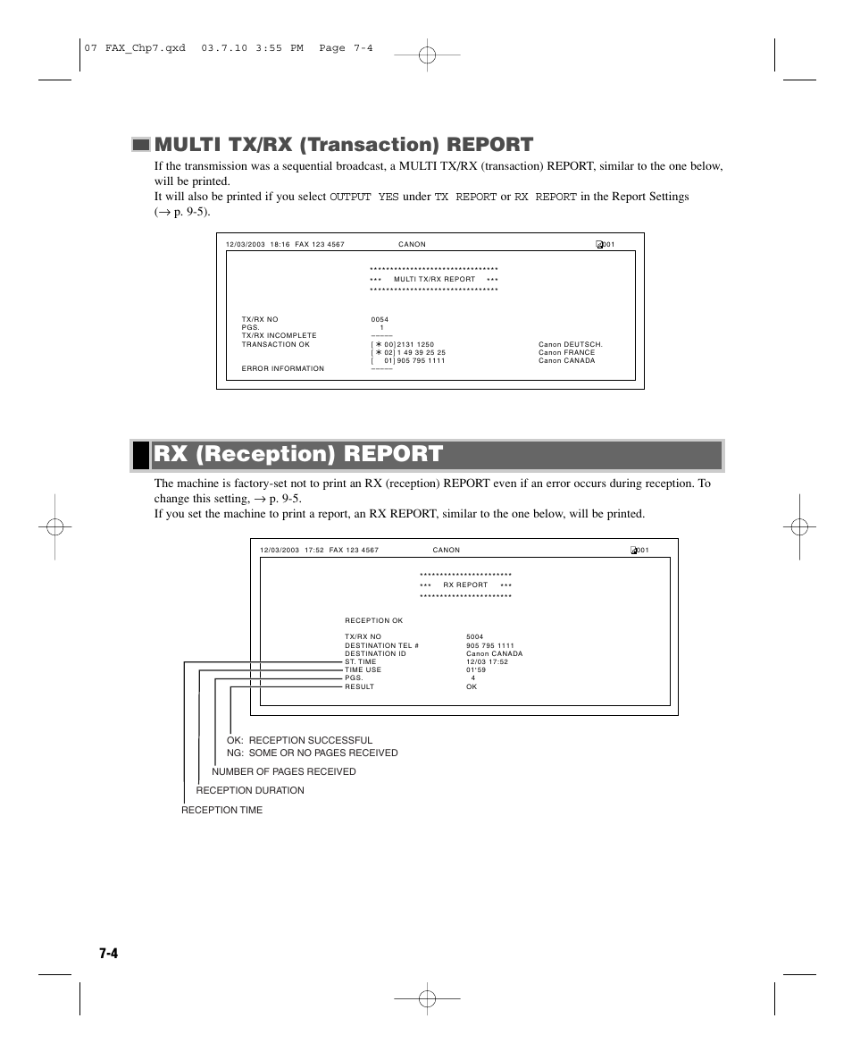 Rx (reception) report, Multi tx/rx (transaction) report | GE D780 User Manual | Page 69 / 94