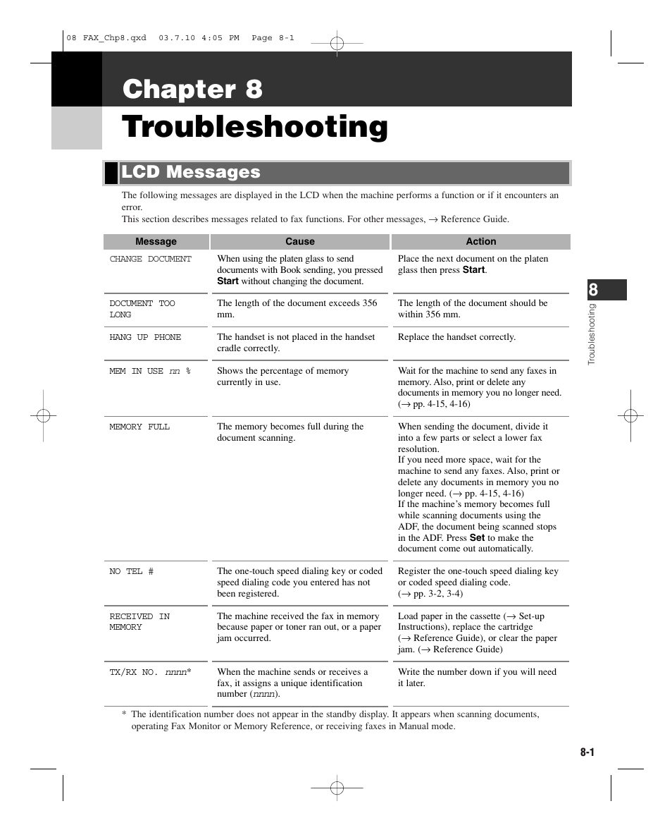 Troubleshooting, Chapter 8, Lcd messages | GE D780 User Manual | Page 70 / 94