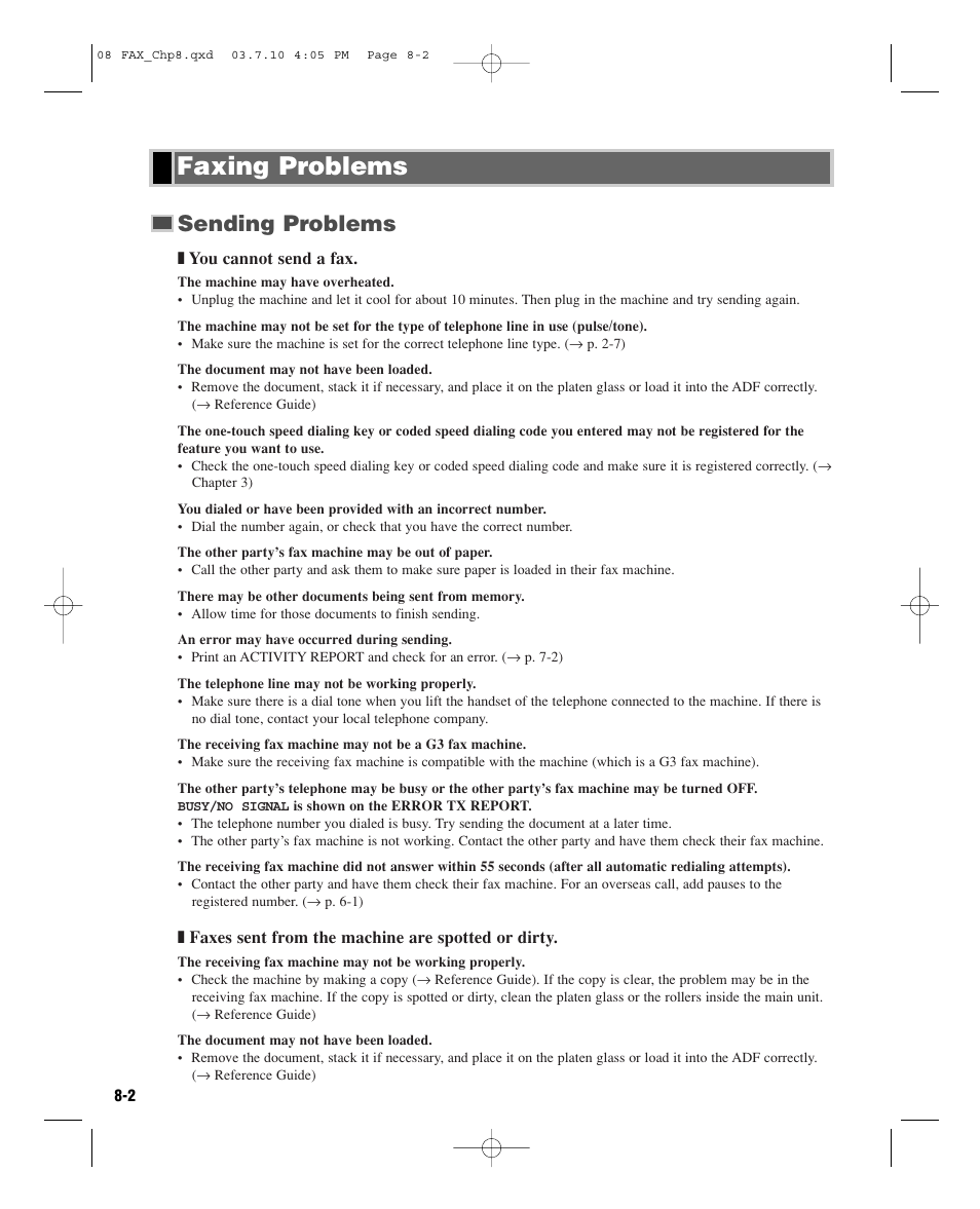 Faxing problems, Sending problems | GE D780 User Manual | Page 71 / 94