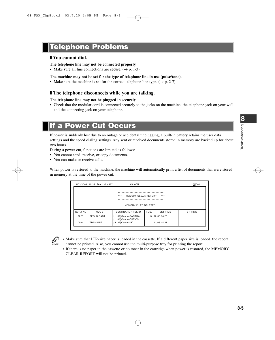 If a power cut occurs telephone problems, You cannot dial, The telephone disconnects while you are talking | GE D780 User Manual | Page 74 / 94