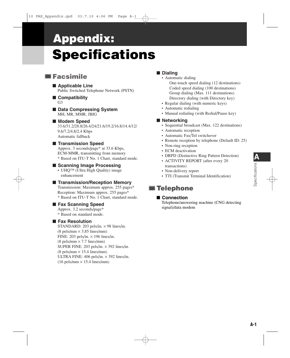 Specifications, Appendix, Facsimile | Telephone | GE D780 User Manual | Page 86 / 94