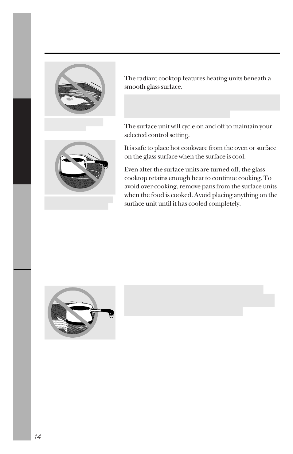 Using the surface units, About the radiant surface units, Do not use the surface as a cutting board | GE 164D3333P150 User Manual | Page 14 / 48