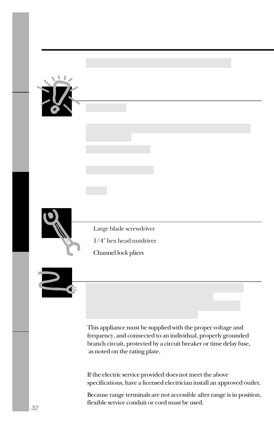 Before you begin, Installation of the range, Tools you will need electrical requirements | GE 164D3333P150 User Manual | Page 32 / 48