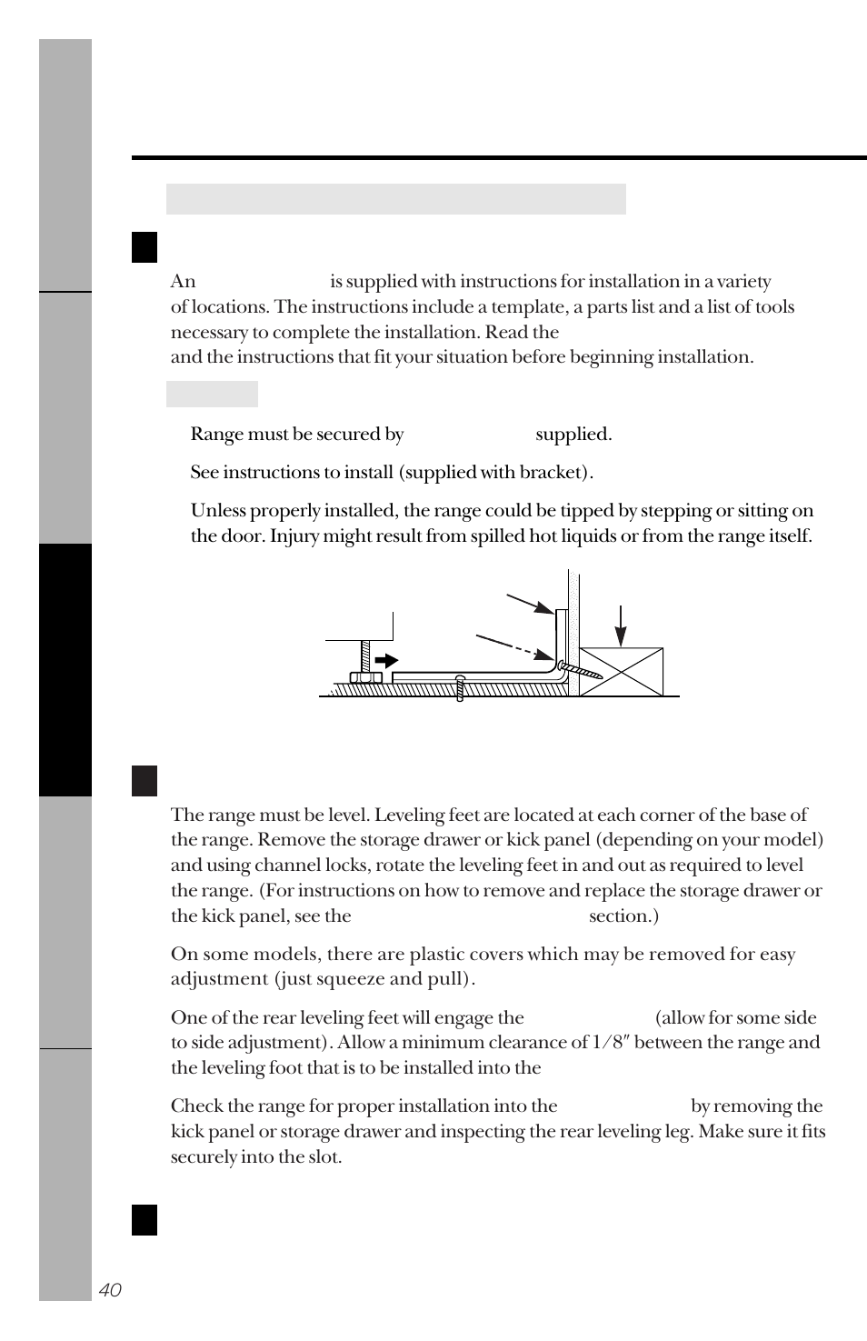 Anti-tip bracket, Leveling, Anti-tip bracket leveling | Installation of the range | GE 164D3333P150 User Manual | Page 40 / 48