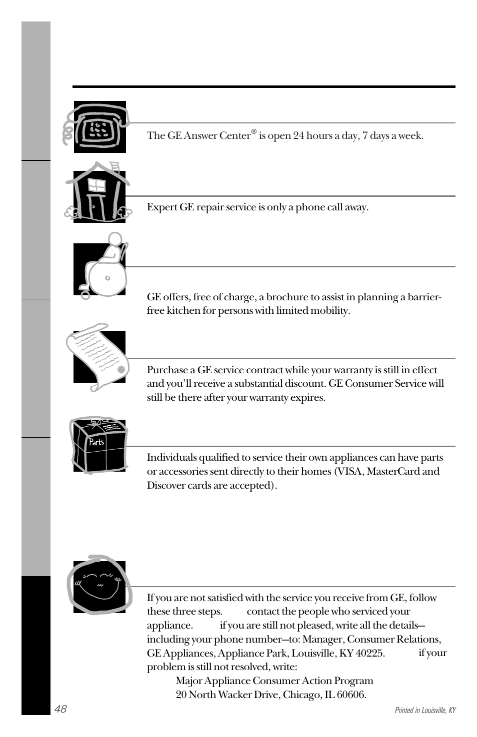 Service telephone numbers, Ge answer center, In-home repair service | Special needs service, Service contracts, Parts and accessories, Service satisfaction | GE 164D3333P150 User Manual | Page 48 / 48