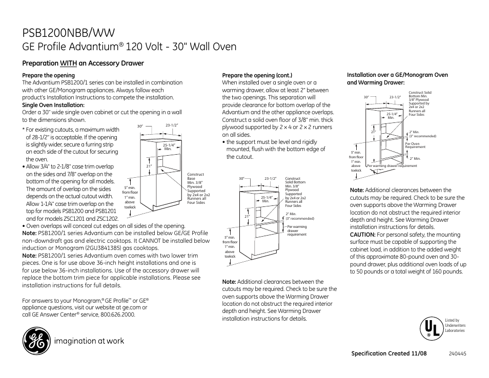 Psb1200nbb/ww, Ge profile advantium, Preparation with an accessory drawer | GE PROFILE ADVANTIUM PSB1200NBB/WW User Manual | Page 2 / 3