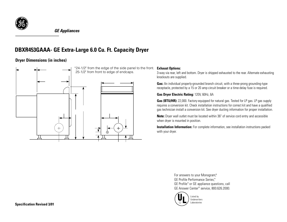 GE DBXR453GAAA User Manual | 3 pages