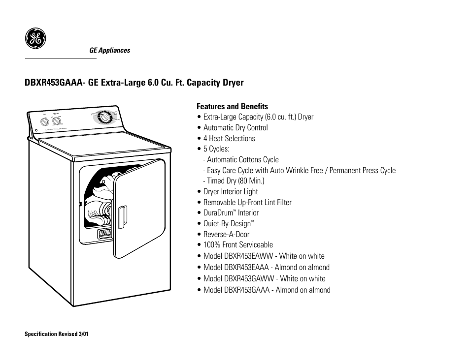 GE DBXR453GAAA User Manual | Page 3 / 3