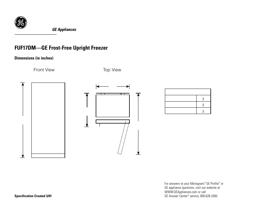 GE FUF17DM User Manual | 2 pages