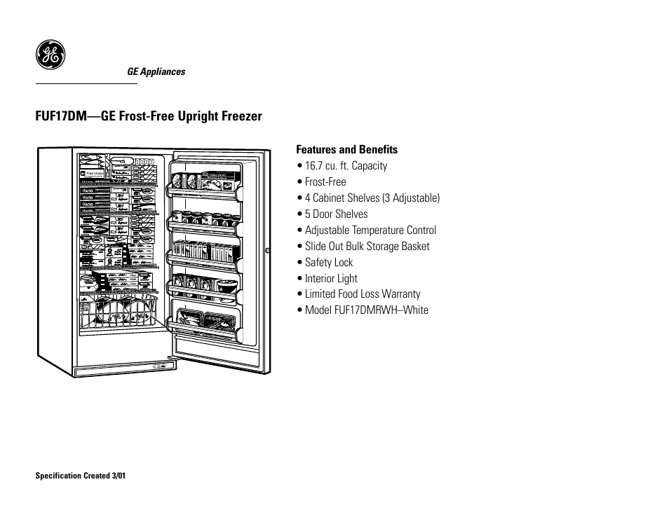 Fuf17dm—ge frost-free upright freezer | GE FUF17DM User Manual | Page 2 / 2