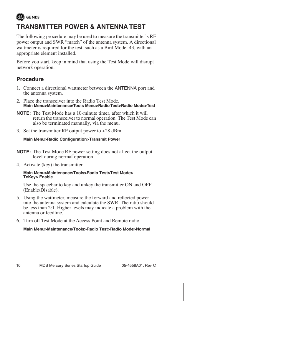 Transmitter power & antenna test | GE MDS 05-4558A01 User Manual | Page 13 / 20