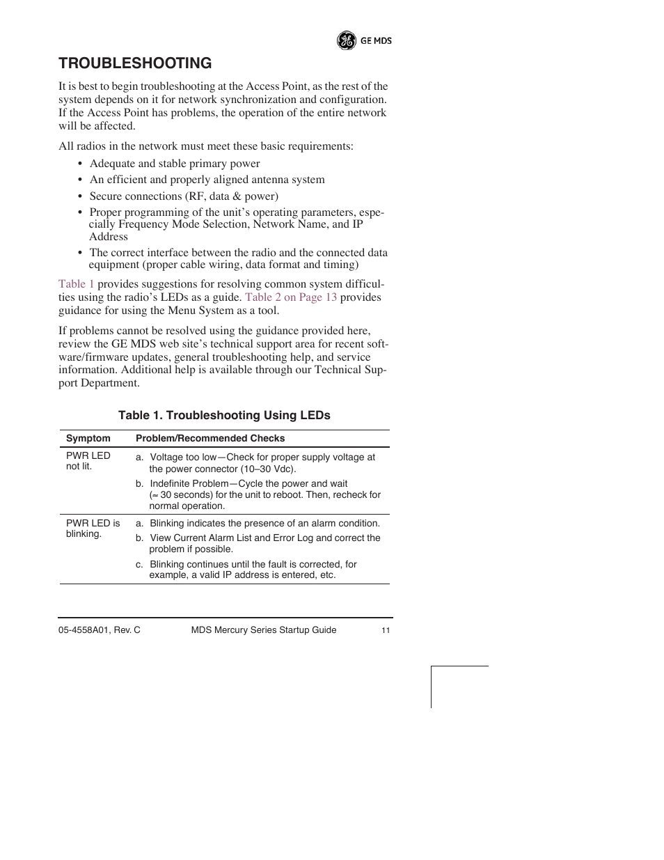 Troubleshooting | GE MDS 05-4558A01 User Manual | Page 14 / 20
