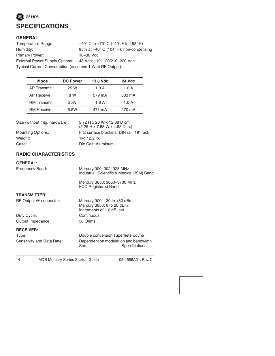 Specifications | GE MDS 05-4558A01 User Manual | Page 17 / 20