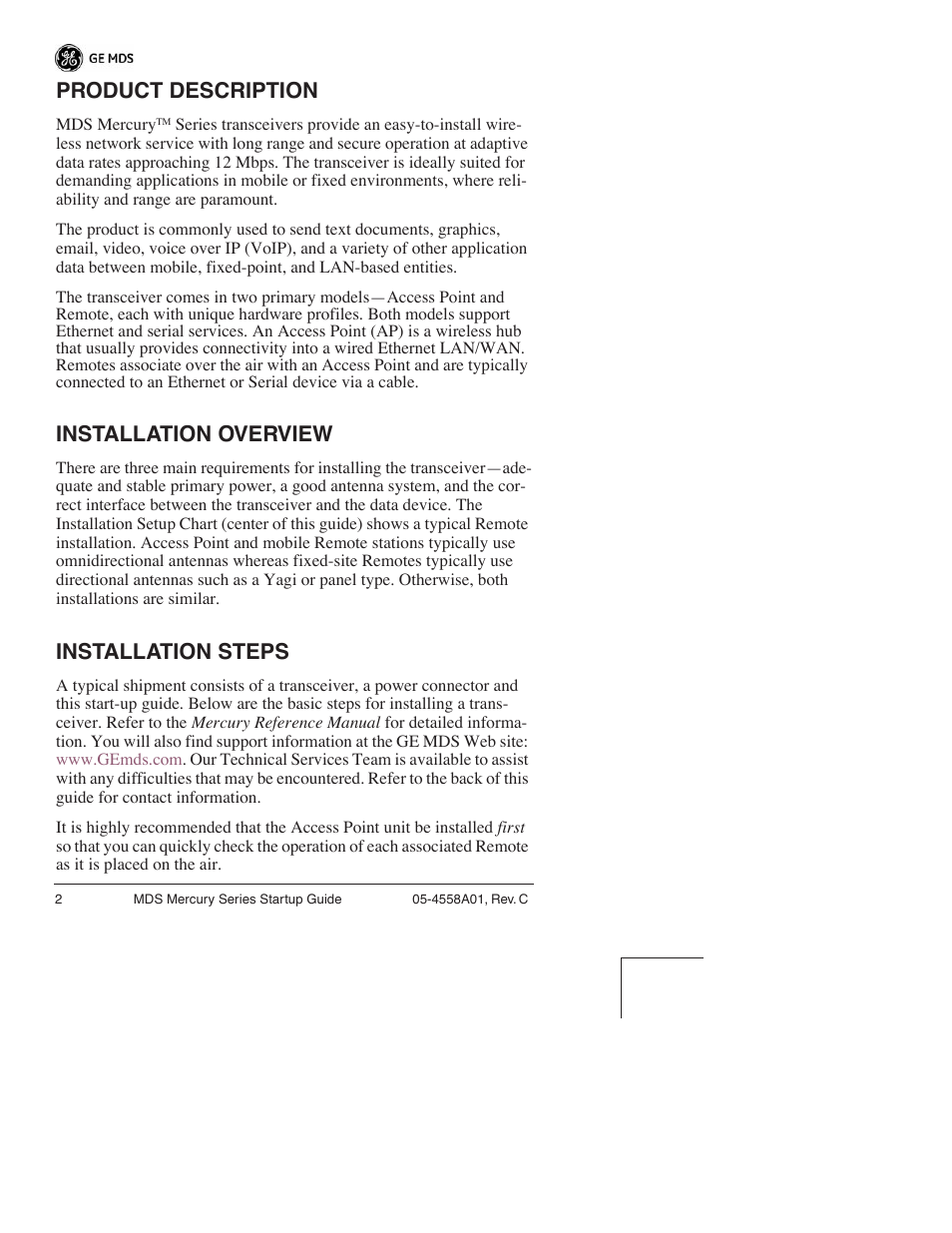 Product description, Installation overview, Installation steps | GE MDS 05-4558A01 User Manual | Page 3 / 20