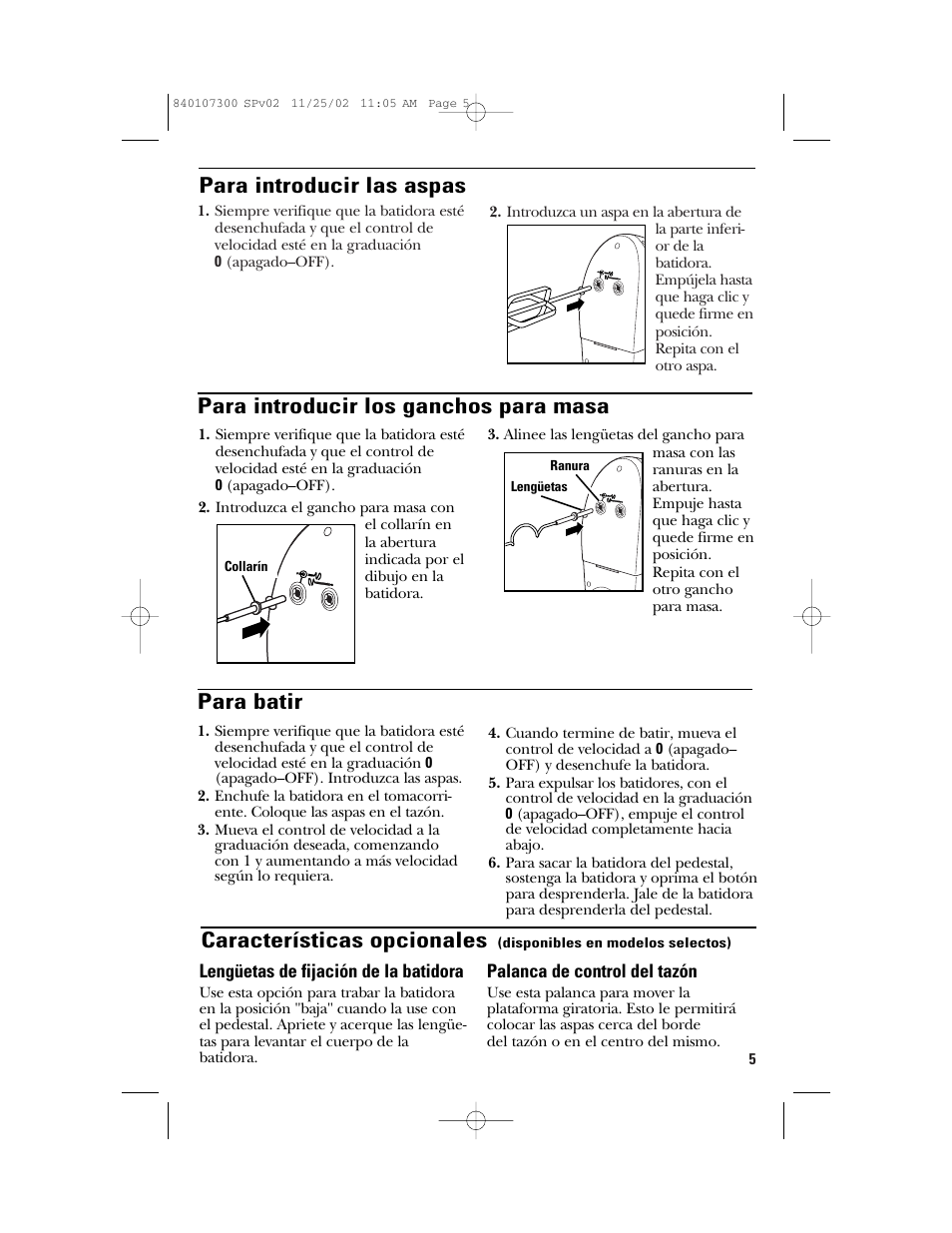 Para batir, Características opcionales | GE 106772 User Manual | Page 15 / 20