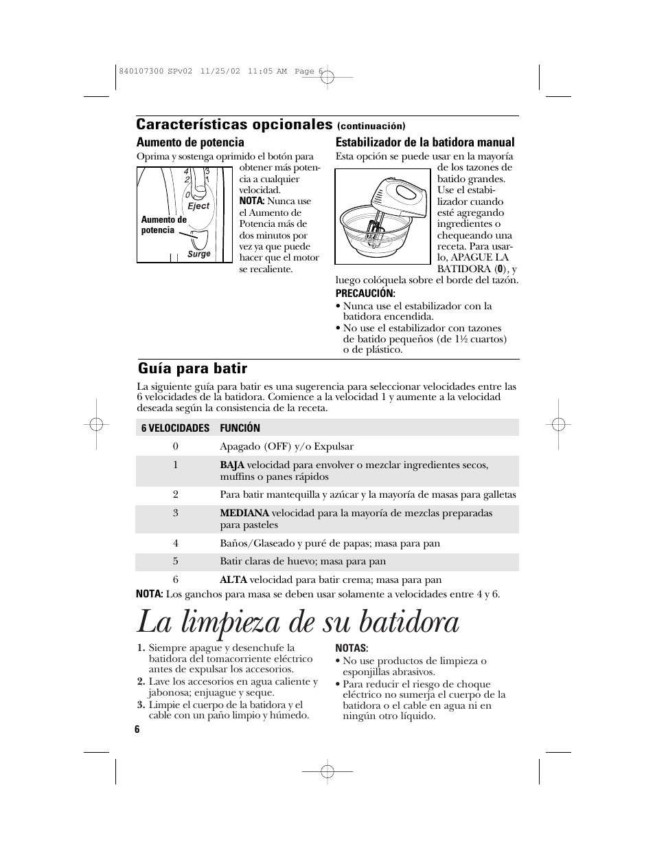 La limpieza de su batidora, Guía para batir, Características opcionales | GE 106772 User Manual | Page 16 / 20