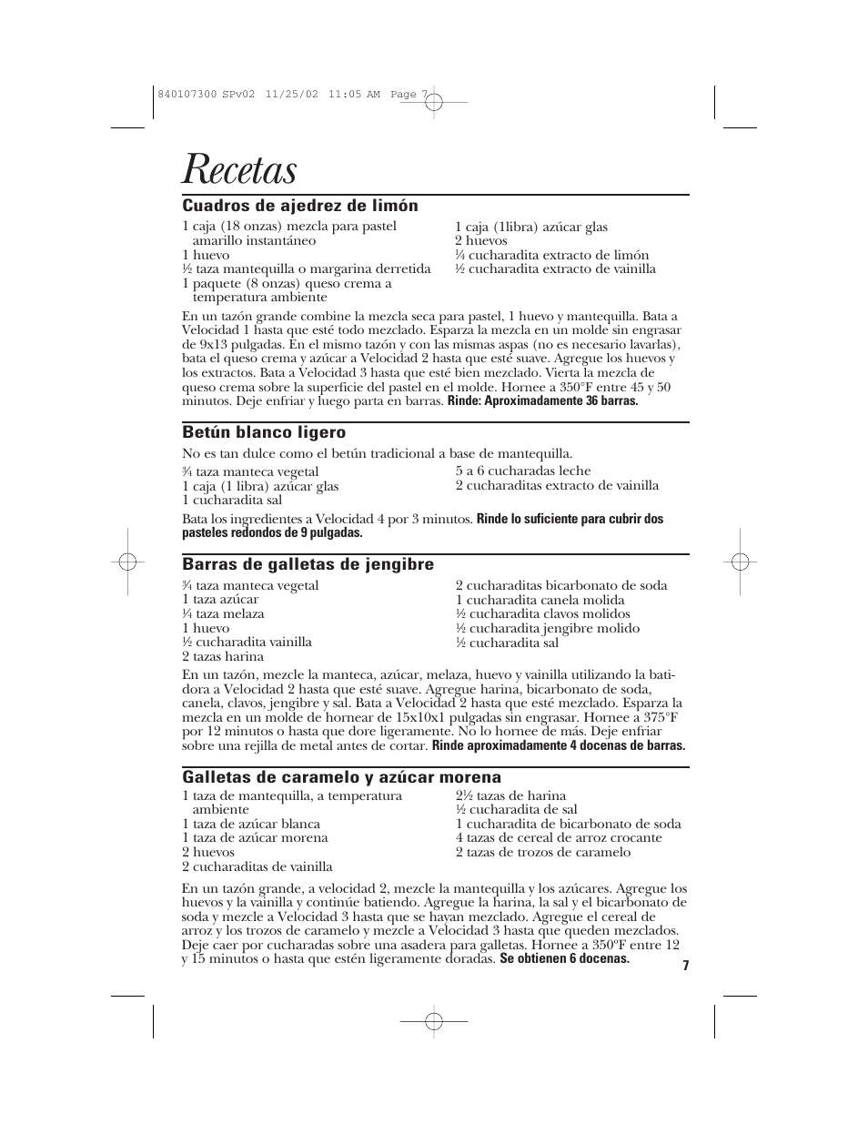 Recetas, Cuadros de ajedrez de limón, Betún blanco ligero | Barras de galletas de jengibre, Galletas de caramelo y azúcar morena | GE 106772 User Manual | Page 17 / 20