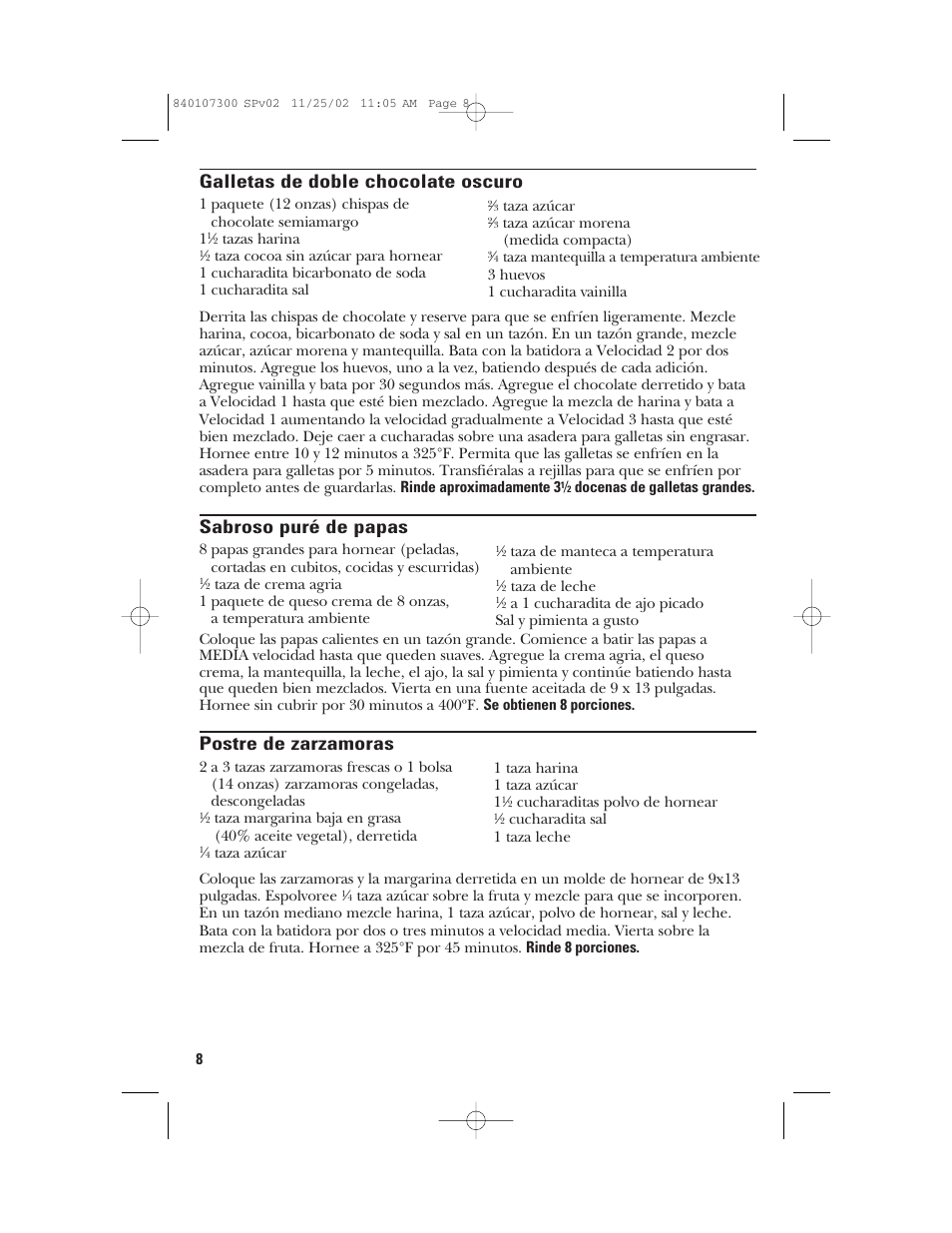 Galletas de doble chocolate oscuro, Sabroso puré de papas, Postre de zarzamoras | GE 106772 User Manual | Page 18 / 20