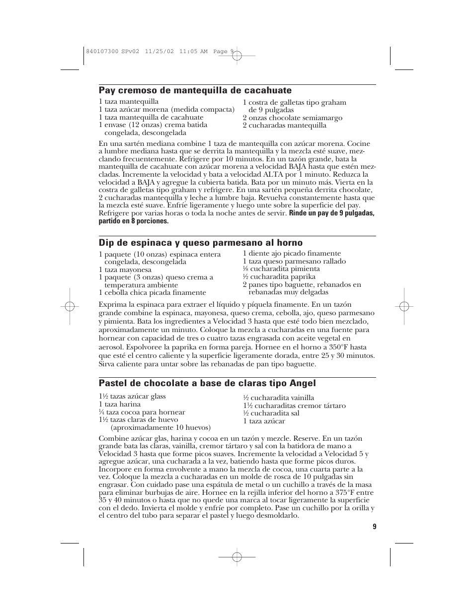 Pay cremoso de mantequilla de cacahuate, Dip de espinaca y queso parmesano al horno, Pastel de chocolate a base de claras tipo angel | GE 106772 User Manual | Page 19 / 20