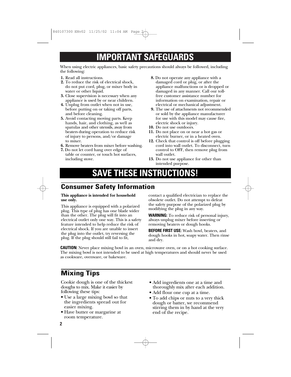 Important safeguards save these instructions, Consumer safety information mixing tips | GE 106772 User Manual | Page 2 / 20