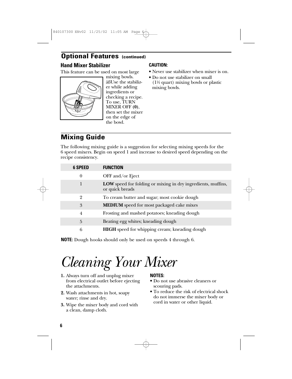 Cleaning your mixer, Mixing guide, Optional features | GE 106772 User Manual | Page 6 / 20