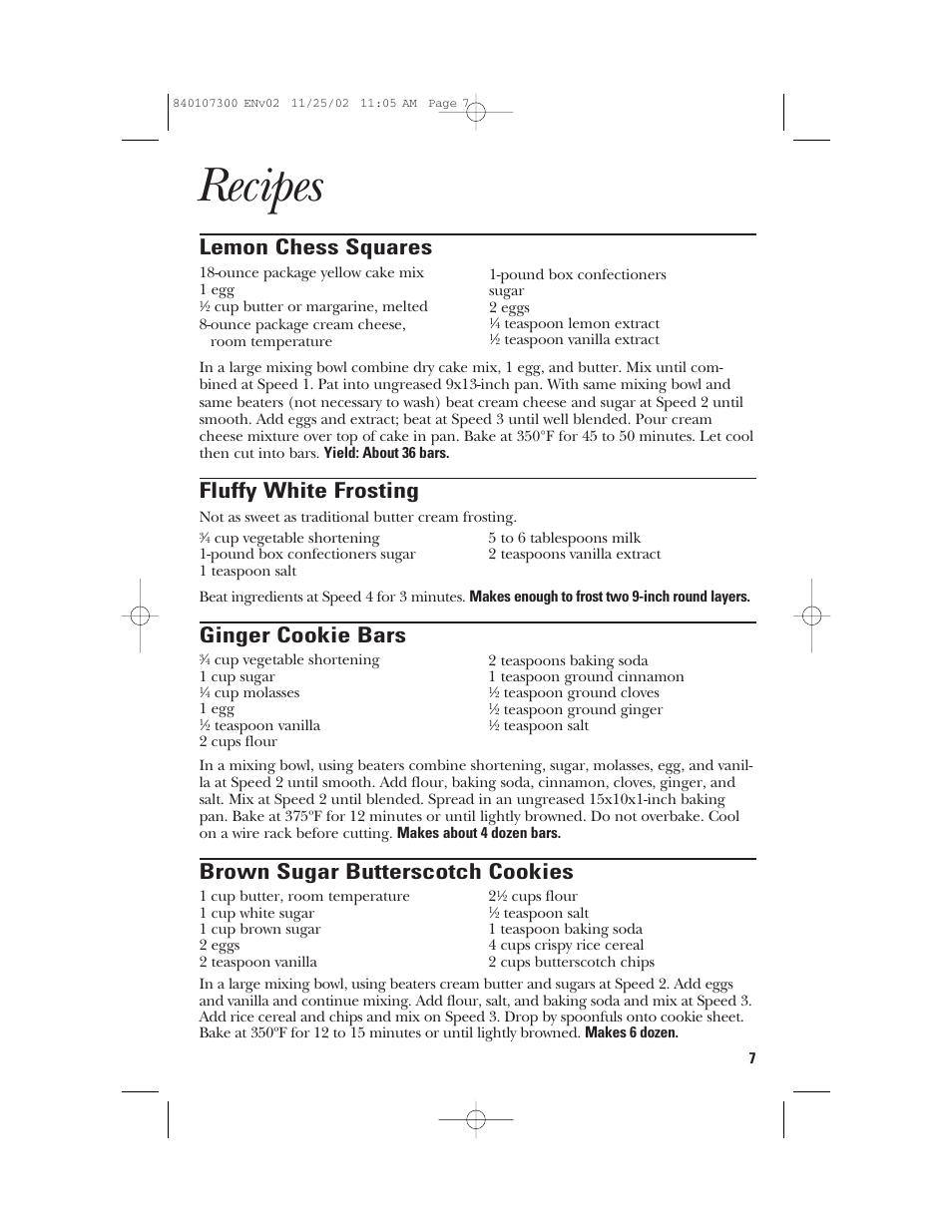 Recipes, Lemon chess squares, Fluffy white frosting | Ginger cookie bars, Brown sugar butterscotch cookies | GE 106772 User Manual | Page 7 / 20