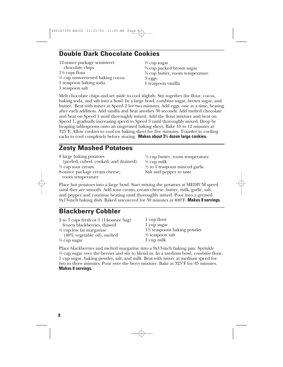 Double dark chocolate cookies, Zesty mashed potatoes, Blackberry cobbler | GE 106772 User Manual | Page 8 / 20