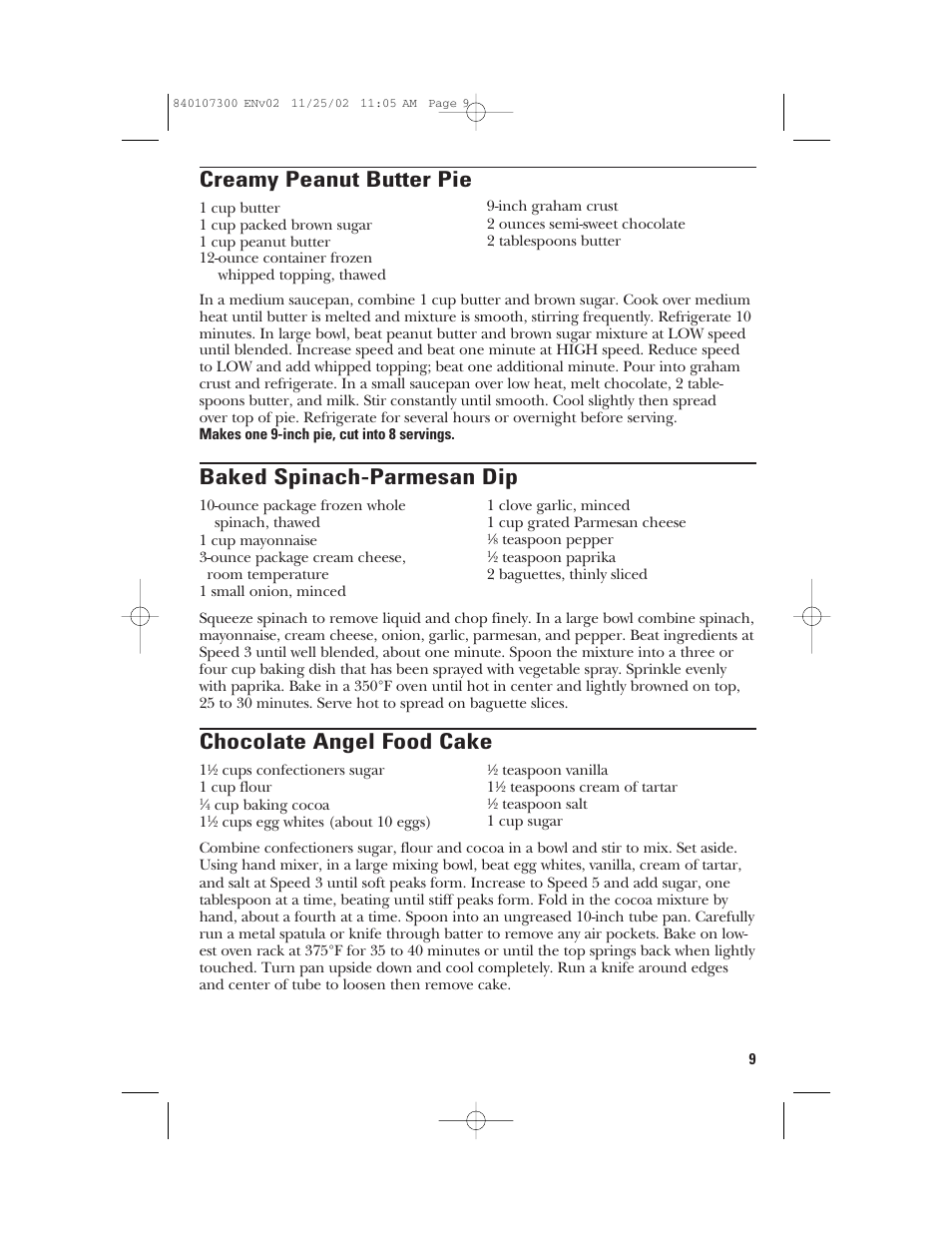 Creamy peanut butter pie, Baked spinach-parmesan dip, Chocolate angel food cake | GE 106772 User Manual | Page 9 / 20