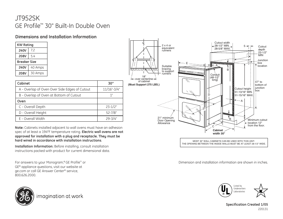 GE PROFILE JT952SK User Manual | 2 pages