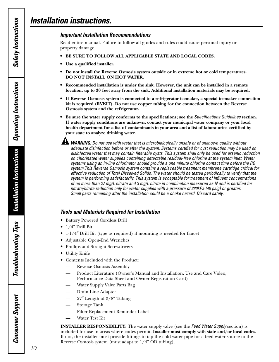 Important recommendations, Tools and materials required, Installation instructions | GE GXRV10ABL01 User Manual | Page 10 / 72