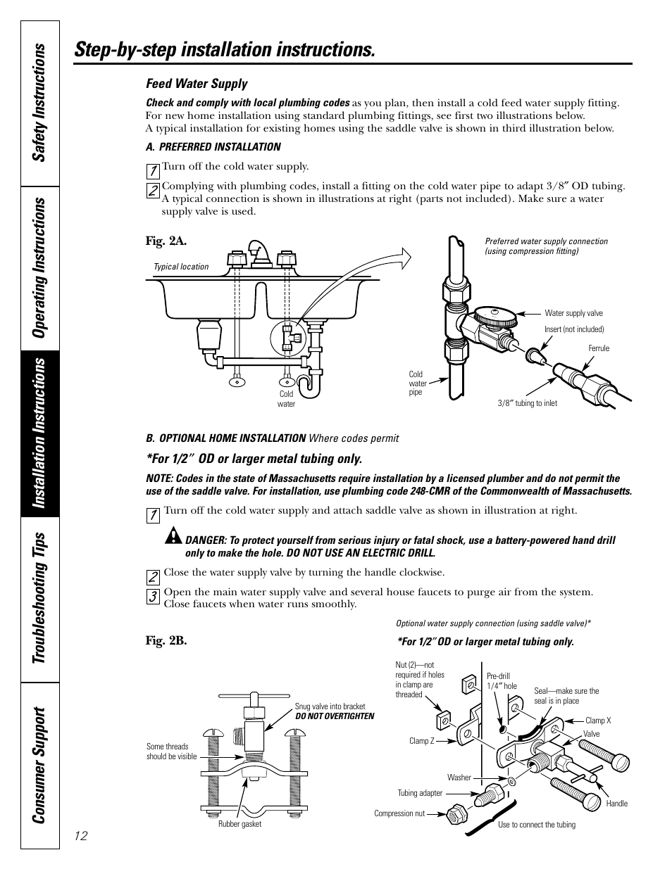 Step-by-step instructions, Feed water supply, Step-by-step instructions –18 | Step-by-step installation instructions | GE GXRV10ABL01 User Manual | Page 12 / 72