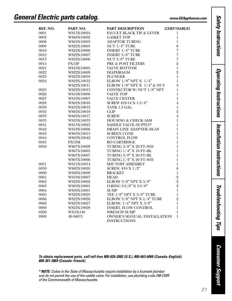 General electric parts catalog | GE GXRV10ABL01 User Manual | Page 21 / 72