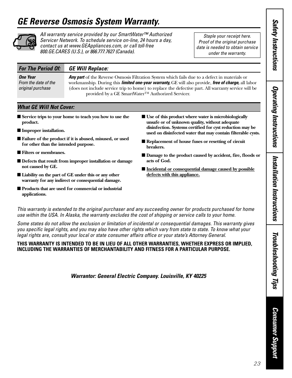 Warranty, Ge reverse osmosis system warranty | GE GXRV10ABL01 User Manual | Page 23 / 72