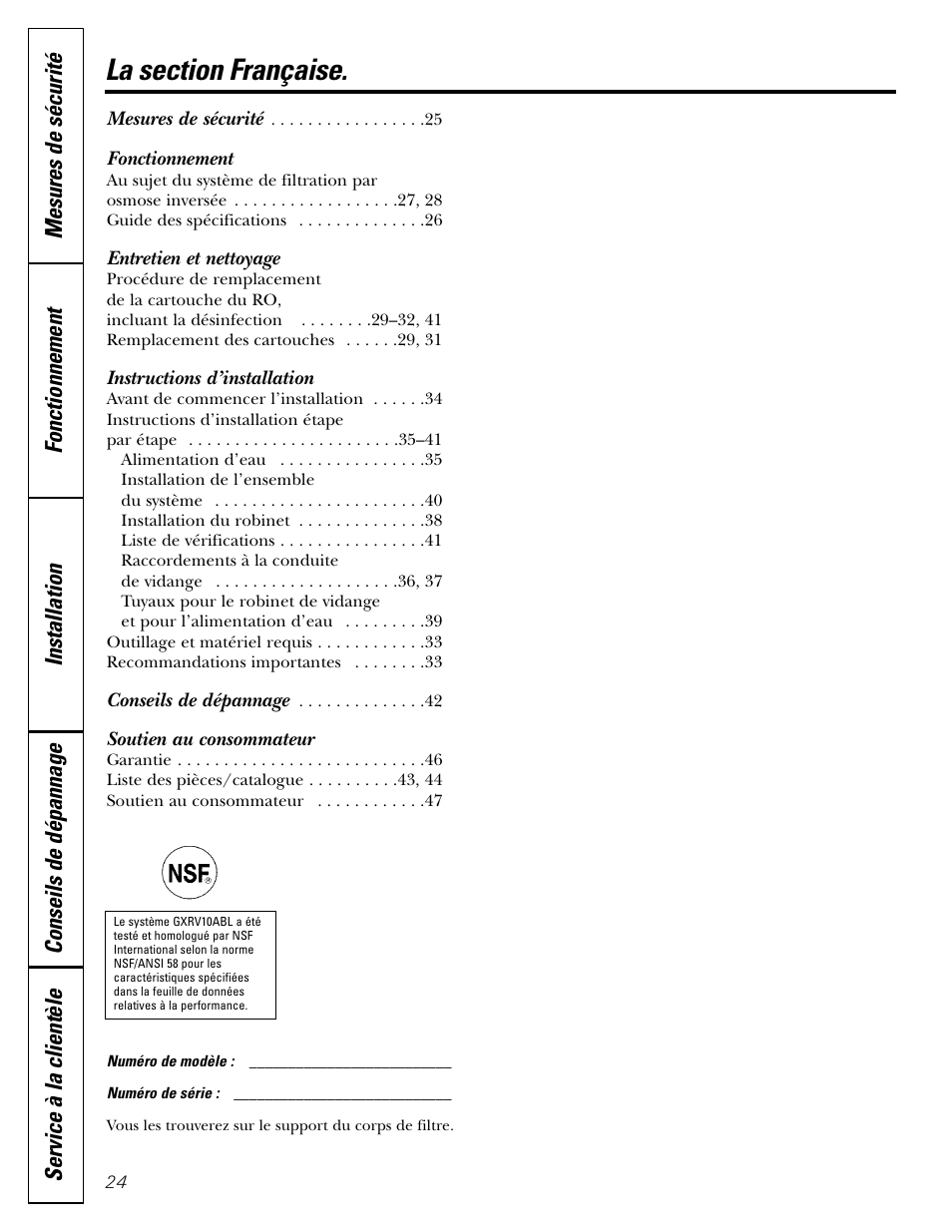 French table of contents, Fonctionnement, Entretien et nettoyage | Instructions d’installation, Soutien au consommateur | GE GXRV10ABL01 User Manual | Page 24 / 72