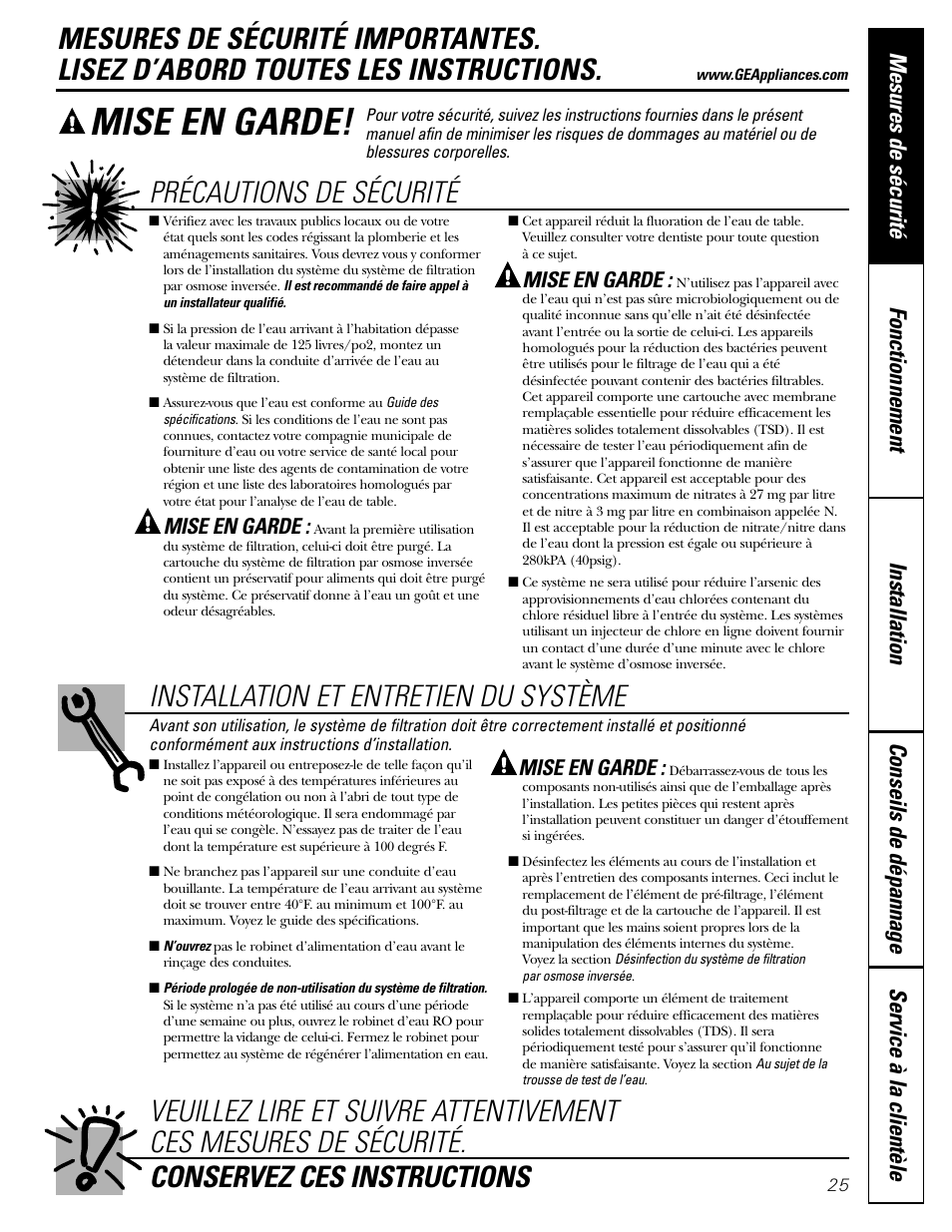 Mesures de sécurité, Mise en garde | GE GXRV10ABL01 User Manual | Page 25 / 72