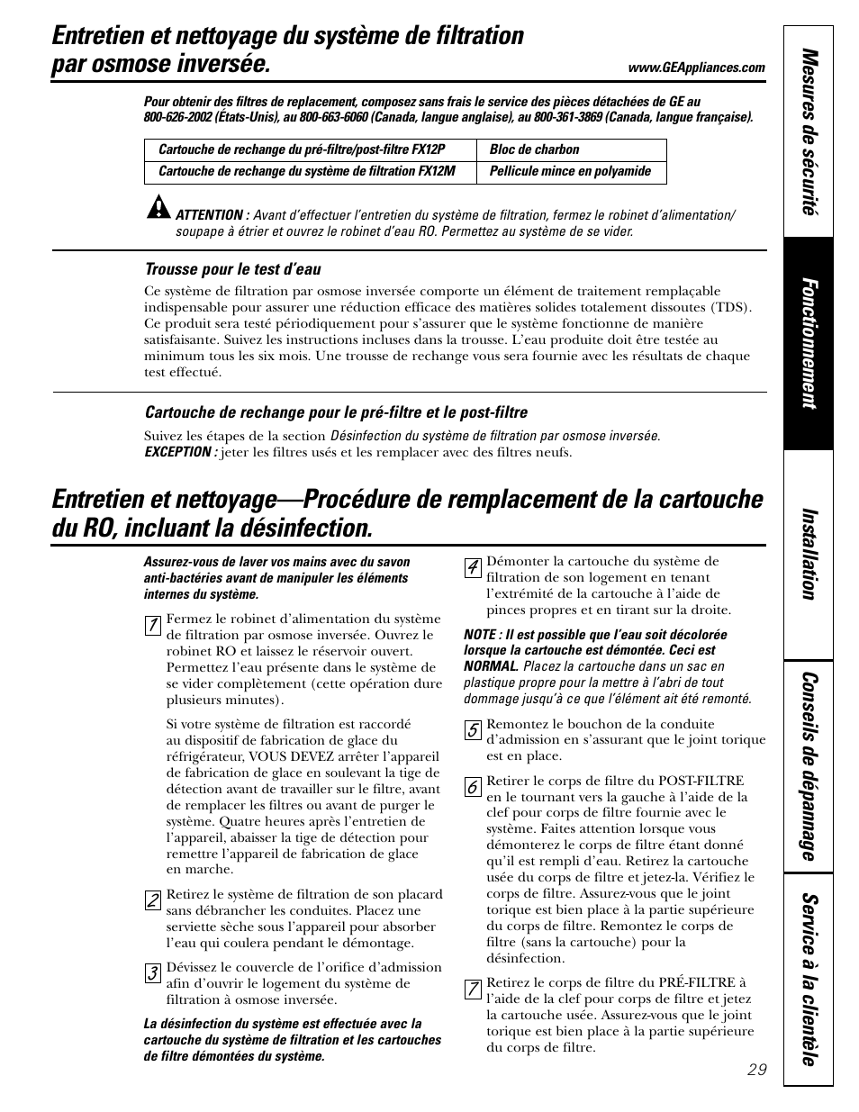 Remplacement des cartouches | GE GXRV10ABL01 User Manual | Page 29 / 72