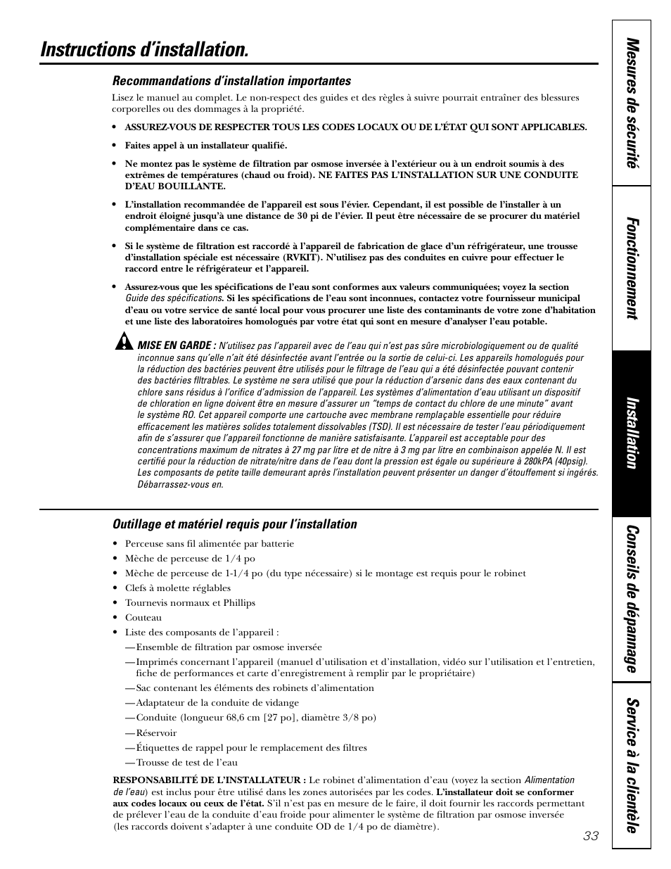 Outillage et matériel requis, Recommandations importantes, Instructions d’installation | GE GXRV10ABL01 User Manual | Page 33 / 72