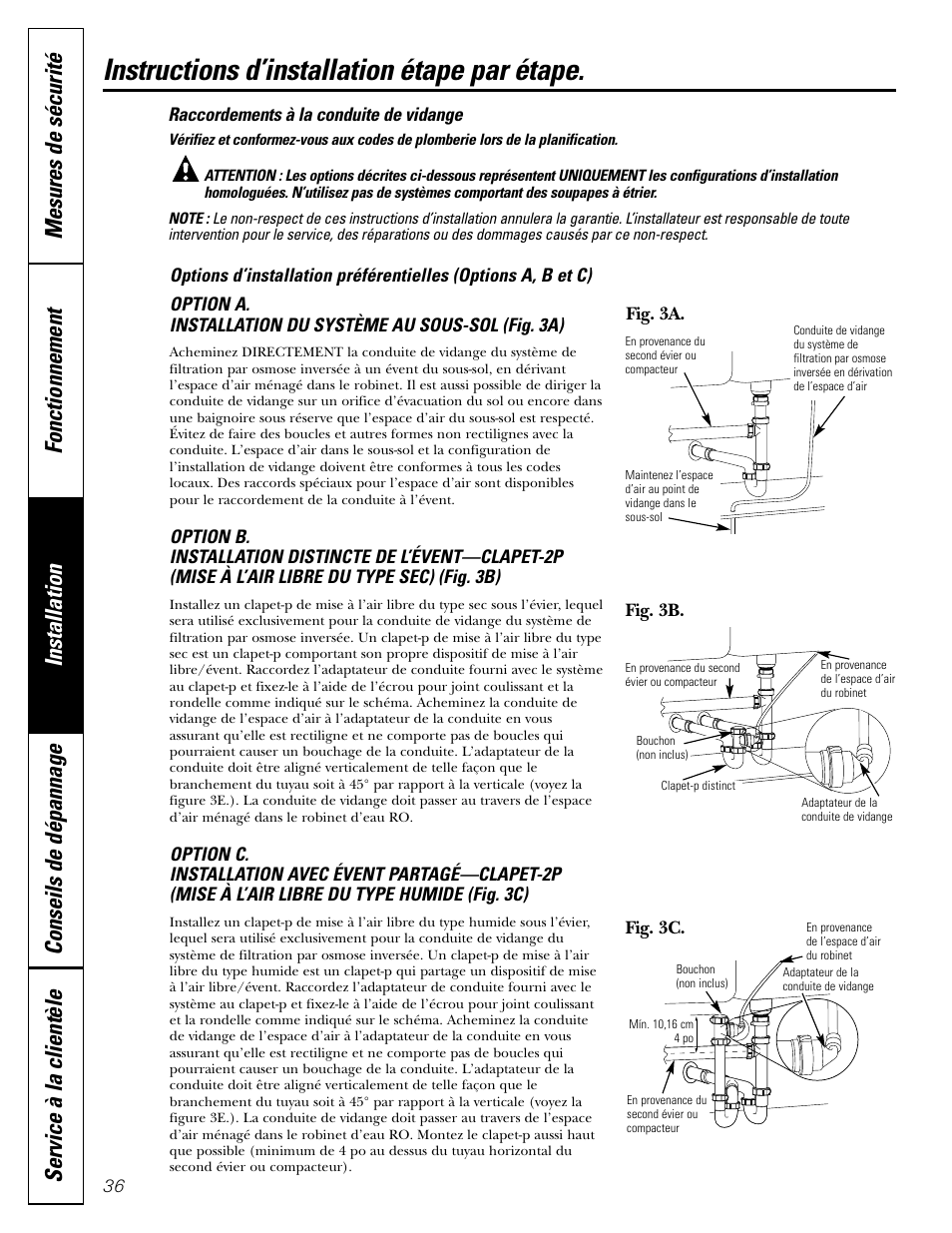 Raccordements à la conduite de vidange, Raccordements à la conduite de vidange , 37, Instructions d’installation étape par étape | GE GXRV10ABL01 User Manual | Page 36 / 72