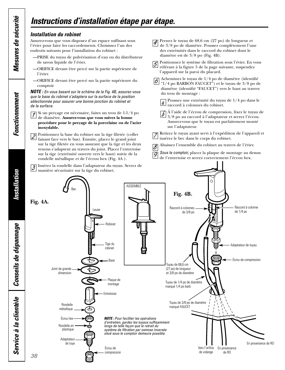 Installation du robinet, Instructions d’installation étape par étape | GE GXRV10ABL01 User Manual | Page 38 / 72