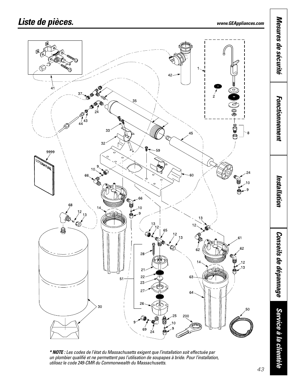 Liste des pièces/catalogue, Liste des pièces/catalogue , 44, Liste de pièces | GE GXRV10ABL01 User Manual | Page 43 / 72