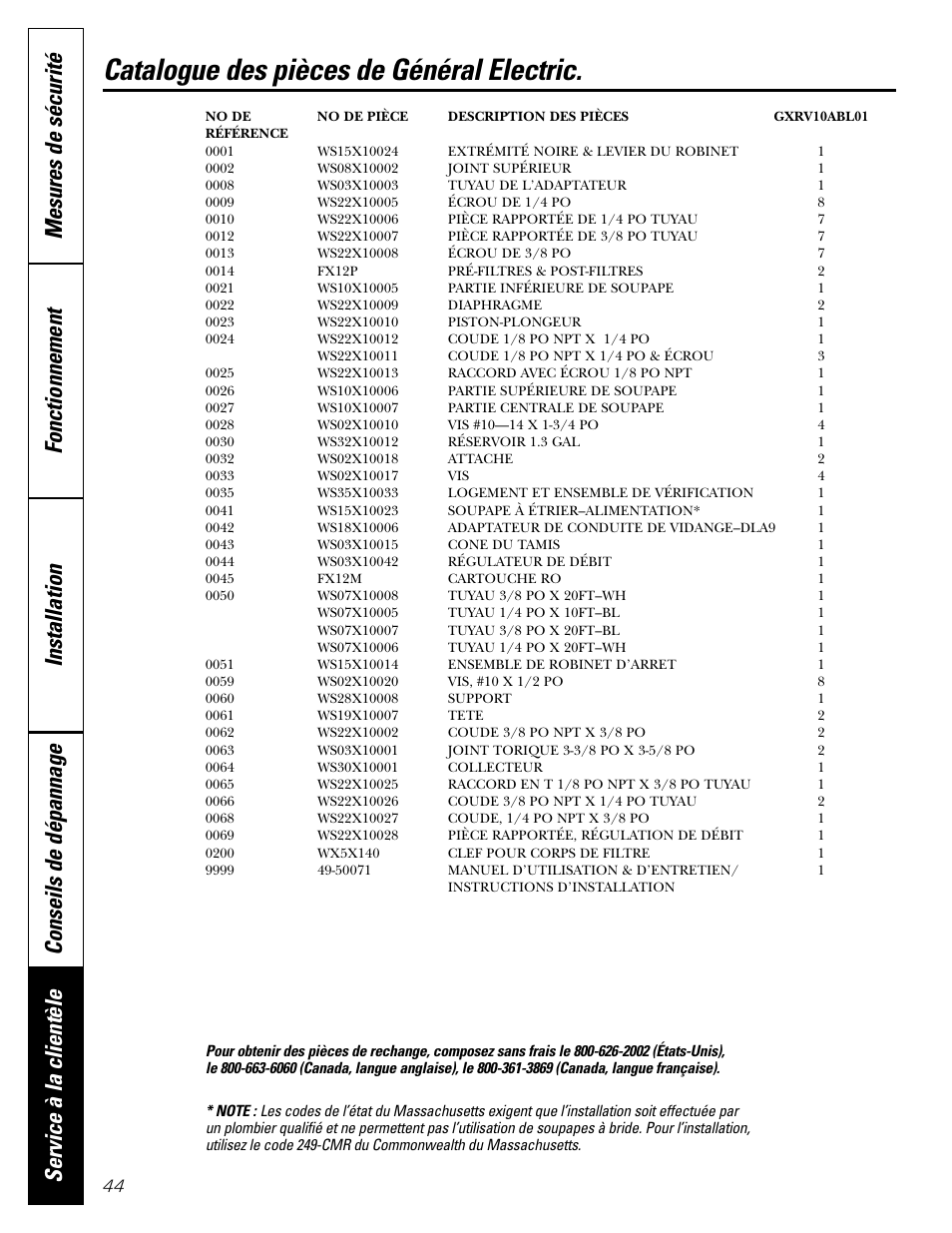 Catalogue des pièces de général electric | GE GXRV10ABL01 User Manual | Page 44 / 72