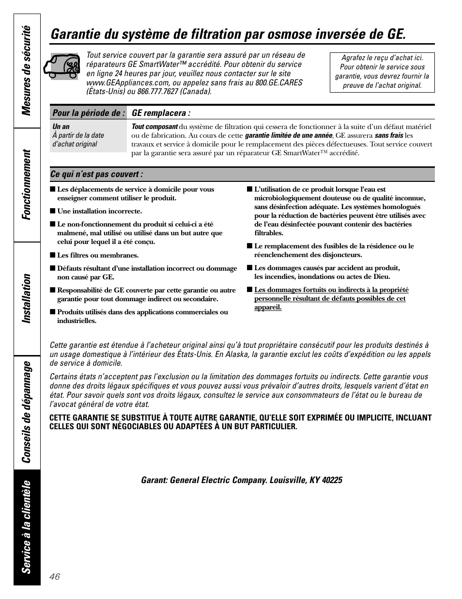 Garantie | GE GXRV10ABL01 User Manual | Page 46 / 72