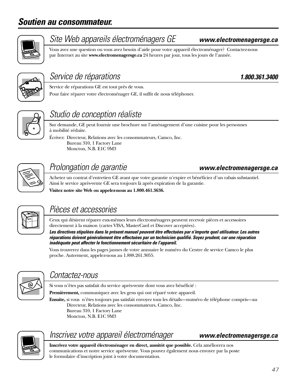 Soutien au consommateur, Service de réparations, Studio de conception réaliste | Prolongation de garantie, Pièces et accessories, Contactez-nous, Inscrivez votre appareil électroménager | GE GXRV10ABL01 User Manual | Page 47 / 72